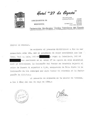 Certificado de conformidad del Hotel 27 de Agosto, mayo de 1994