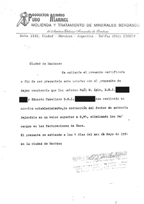 Certificado de conformidad de Puro Mármol, Berdasco, mayo de 1994