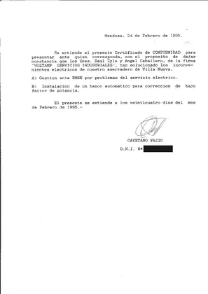 Certificado de conformidad de un aserradero de Villa Nueva, febrero de 1995
