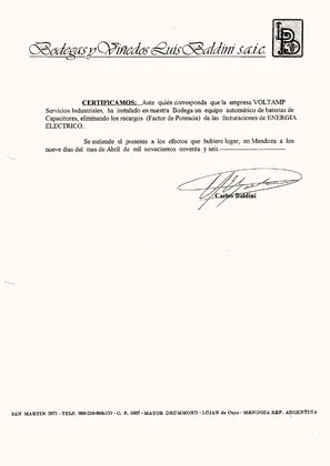 Certificado de conformidad de Bodegas y Viñedos Luis Baldini S.A.I.C., abril de 1996