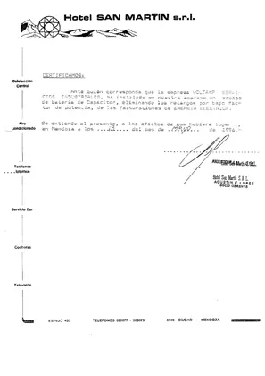 Certificado de conformidad de Hotel San Martín S.R.L., mayo de 1996
