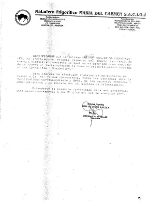 Certificado de conformidad de Matadero Frigorífico María del Carmen S.A.C.I.G.A., enero de 1997