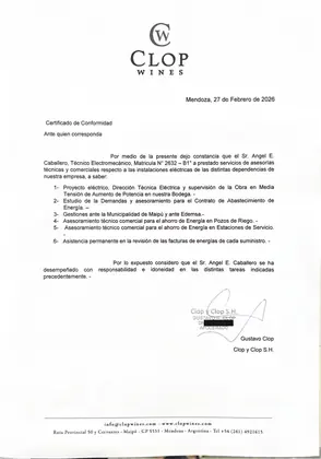 Certificado de conformidad de Clop Wines, febrero de 2026