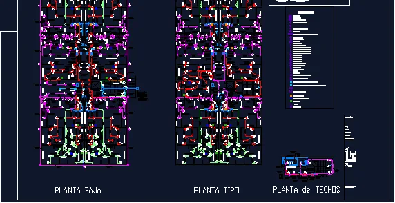 Plantas eléctricas en AutoCAD de un complejo de departamentos: planta baja, planta tipo y planta de techos