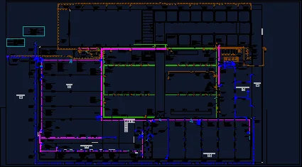 Plano eléctrico en AutoCAD en modo oscuro de la instalación de una bodega de Tupungato